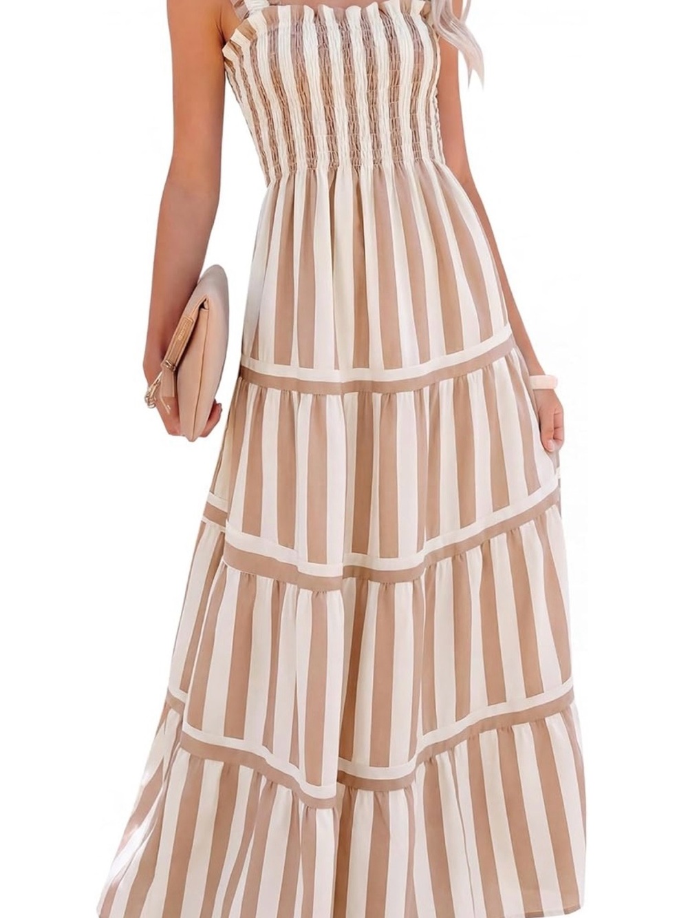 Caracilia Womens Summer Maxi Dresses Khaki Striped Smocked Boho Sundress Medium